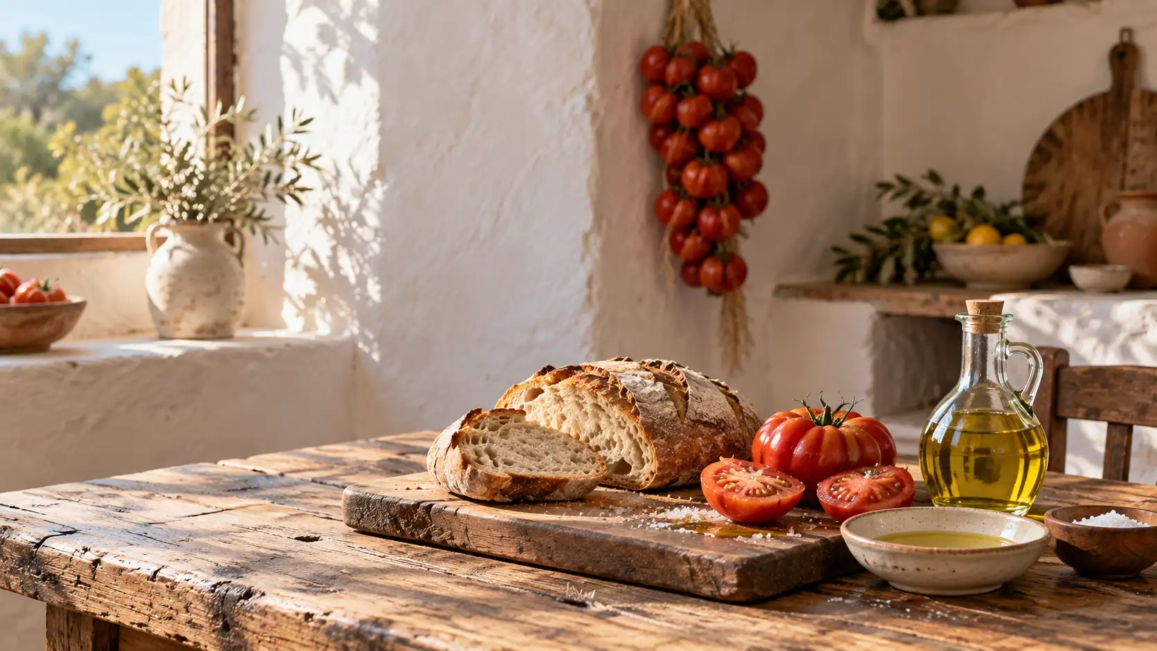 Pan payés, tomates y aceite de oliva sobre una mesa de madera vieja en una cocina blanca
