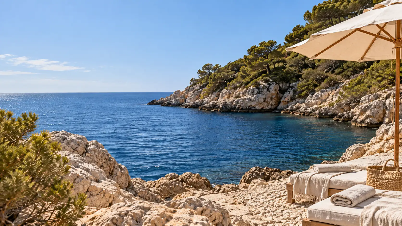 Cala pequeña y tranquila con toallas de lino y una sombrilla de lona