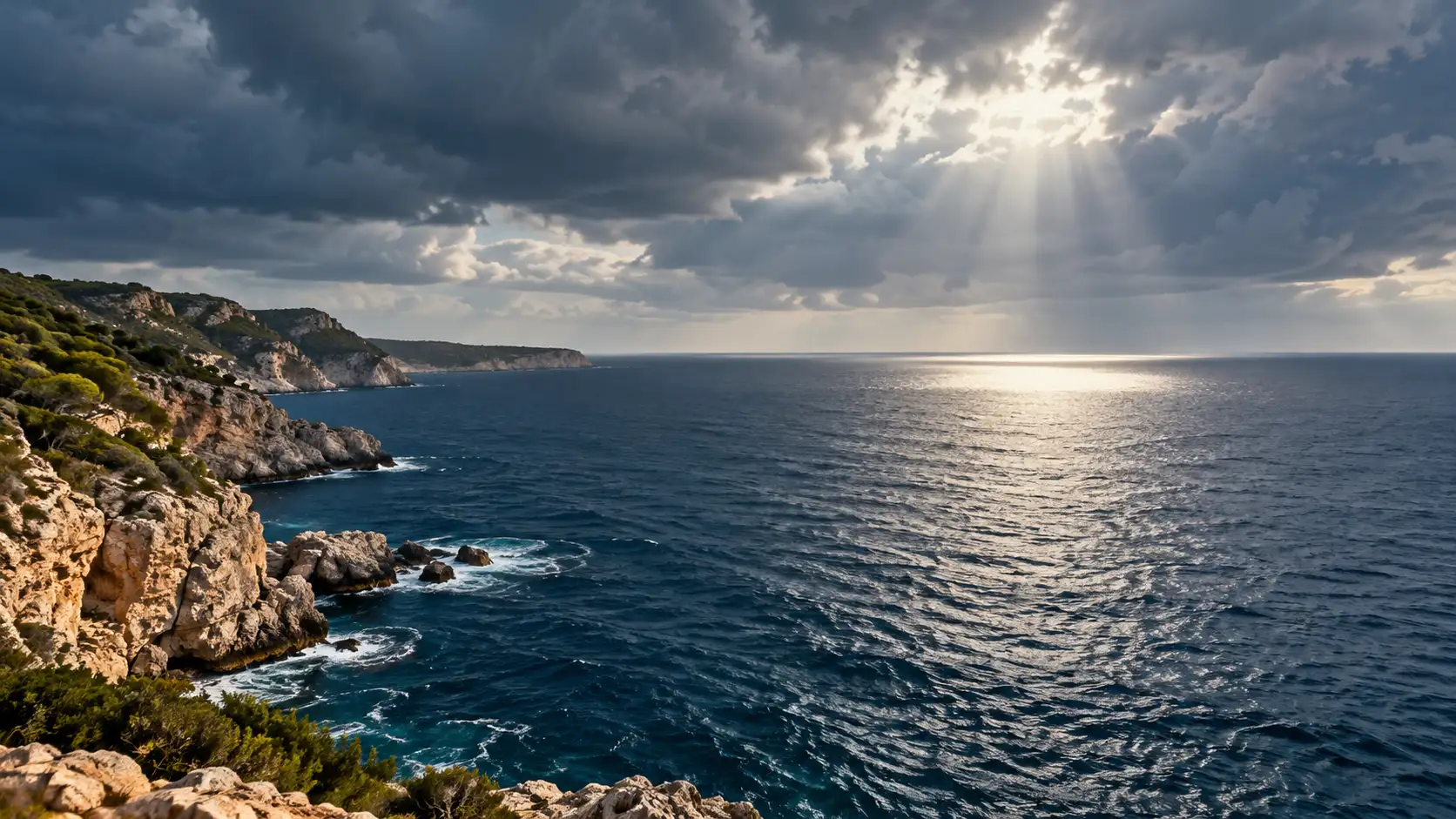 Cielo de tormenta sobre mar abierto con un rayo de sol entre las nubes