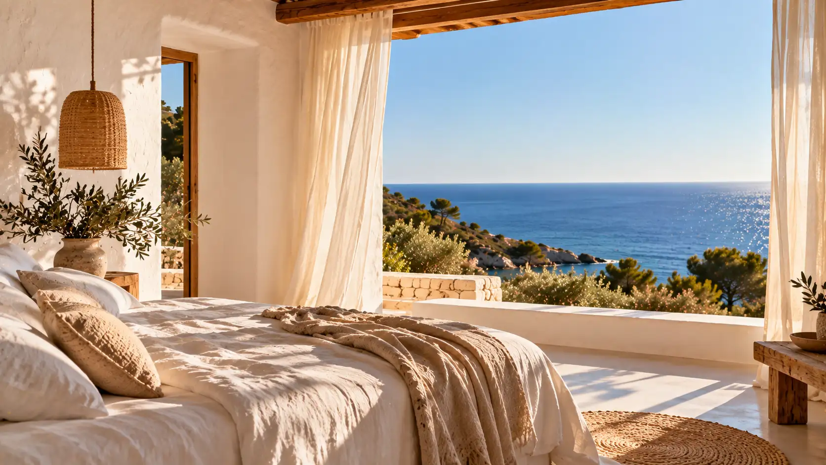 Dormitorio encalado con ropa de cama de lino blanco y ventana al mar