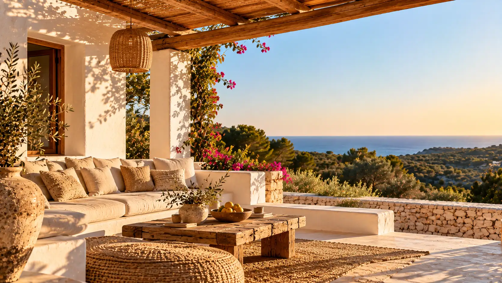 Porche de una villa con sofá de obra, cojines claros y vistas al campo