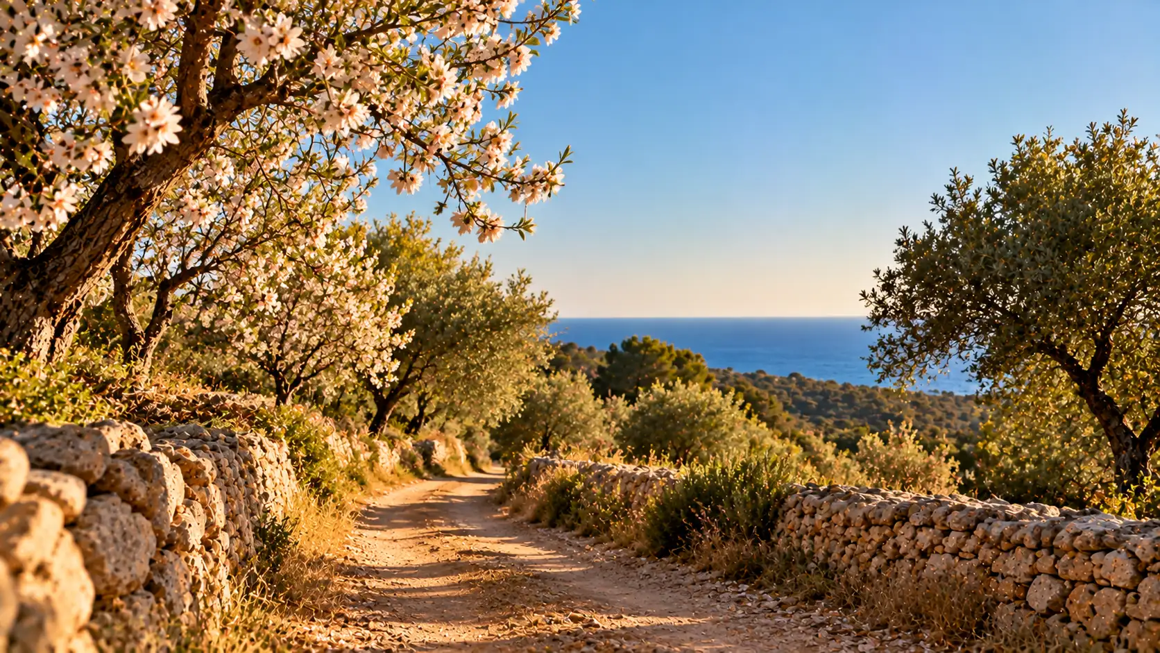 Camino de tierra entre almendros y algarrobos