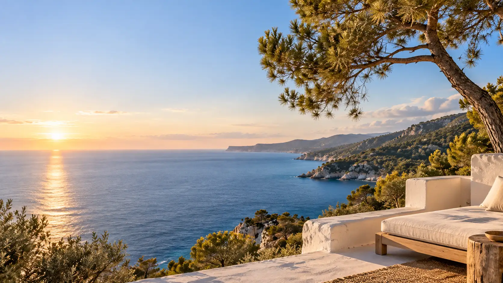 Terraza sobre el mar con la luz cálida del amanecer, pinos y almendros en flor en primer plano
