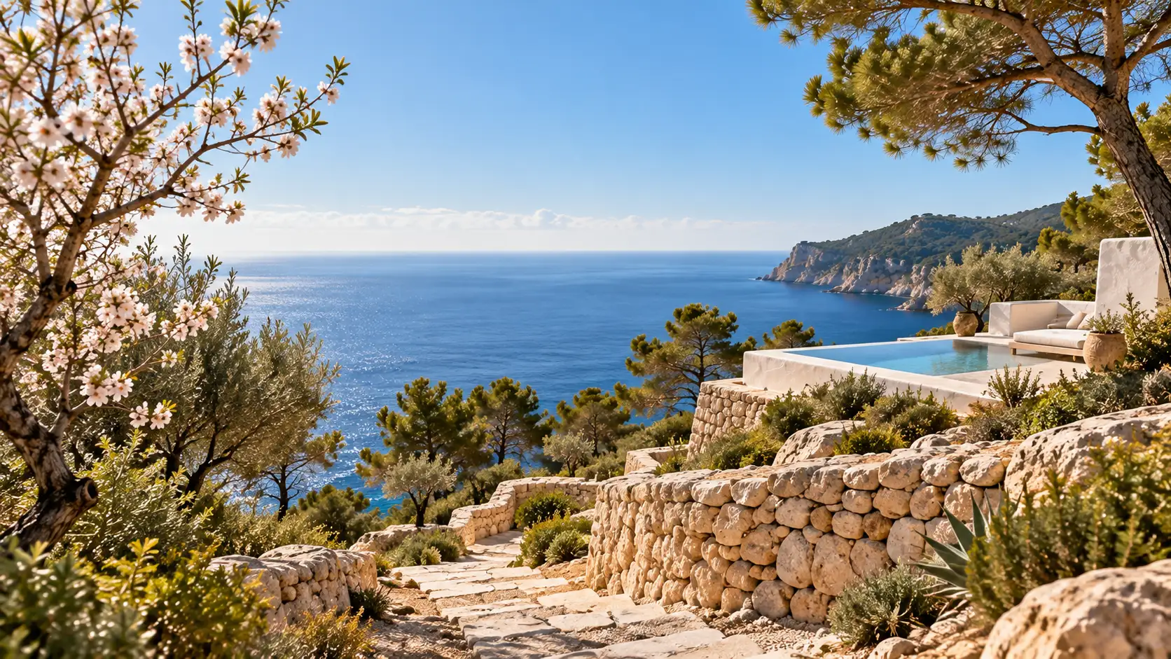 Camino de piedra seca entre pinos y almendros y, detrás, la piscina de una casa payesa blanca sobre el mar