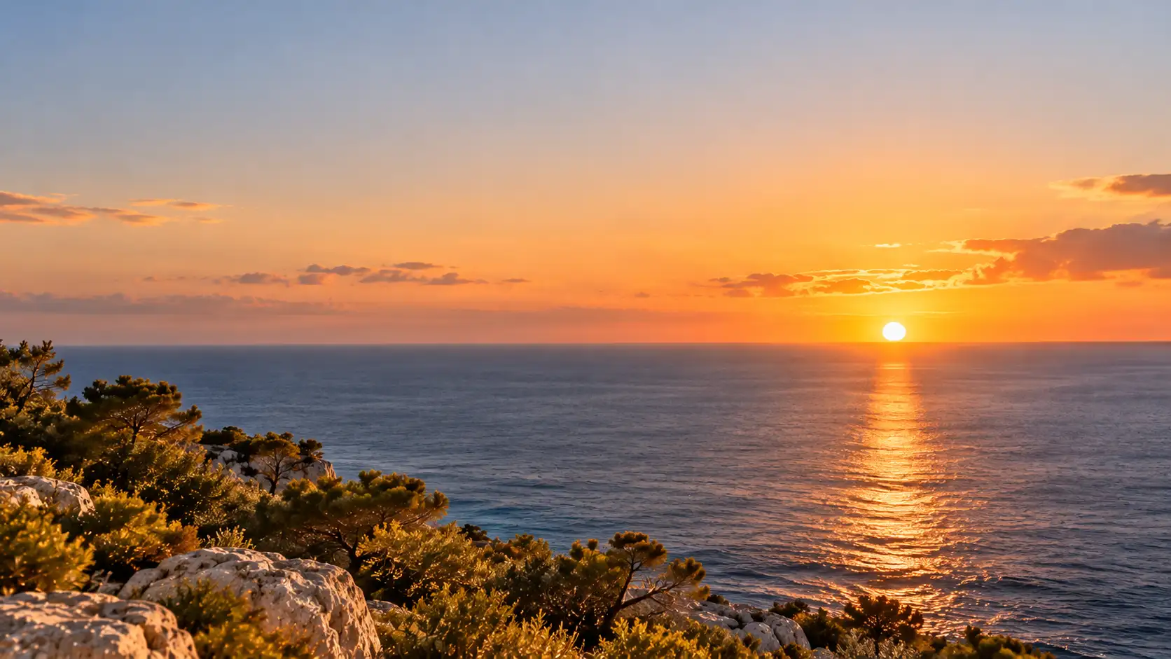 Puesta de sol en mar abierto, con el sol tocando el horizonte