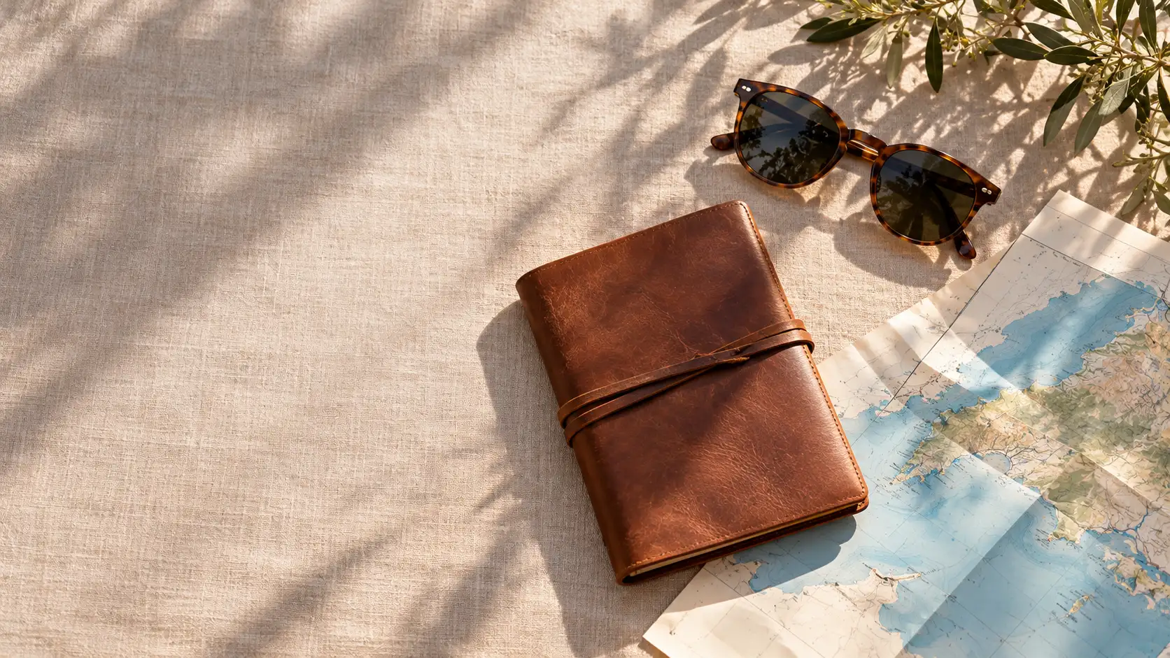 Libreta de cuero, gafas de sol y mapa de papel sobre lino, vistos desde arriba