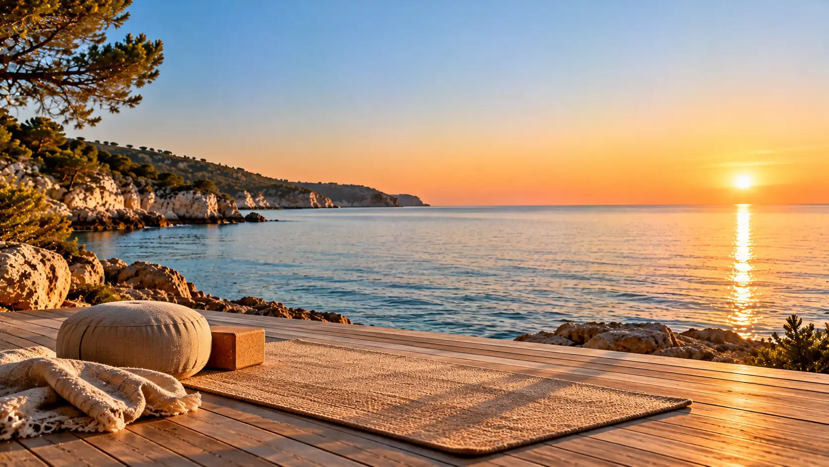 Plataforma de madera sobre el mar al amanecer con una esterilla de yoga de lino
